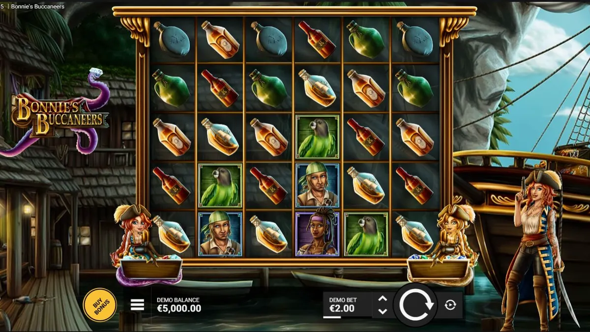 Tampilan visual slot Bonnie’s Buccaneers dengan tema bajak laut dan brankas pengganda.