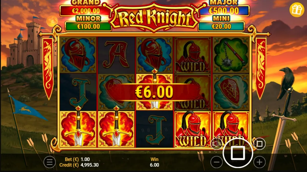 Red Knight slot machine interface featuring medieval weapons and fire effects